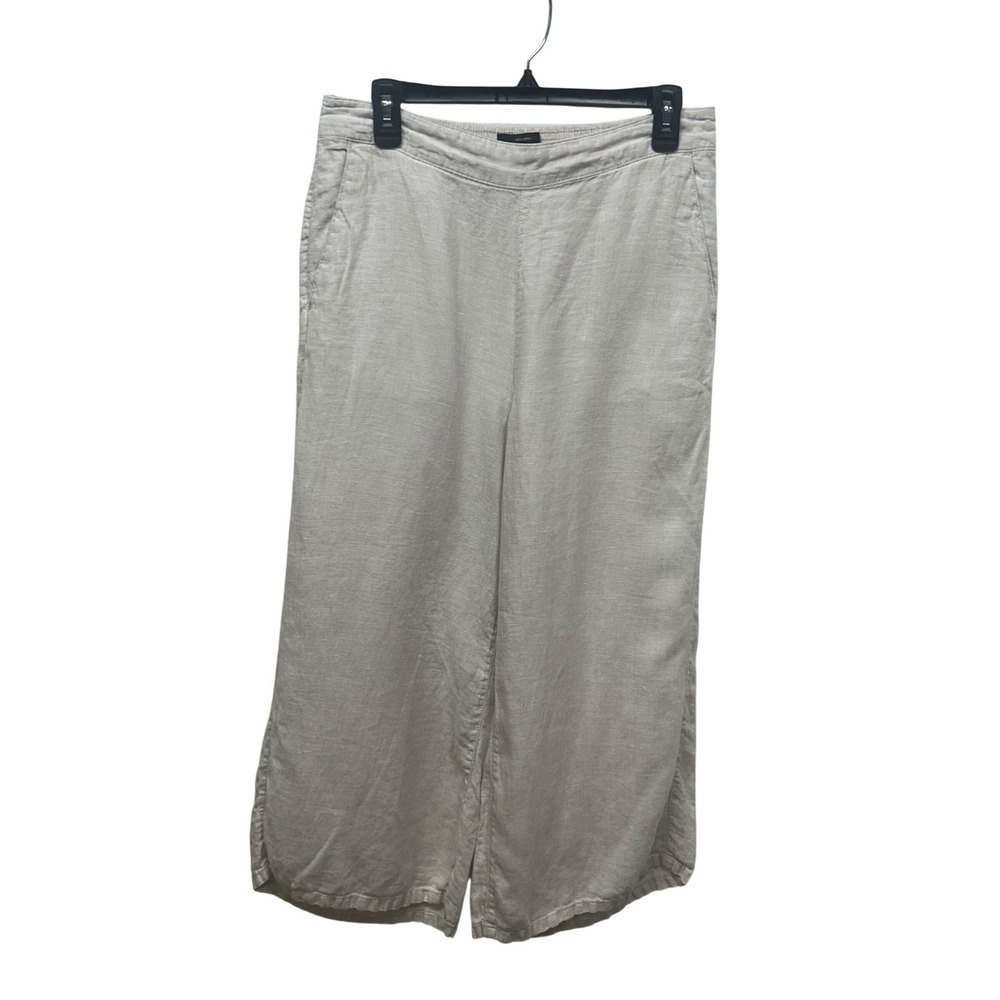 Tahari Womens 100% Linen Wide Leg Cropped Pants Beige Tan Size Large